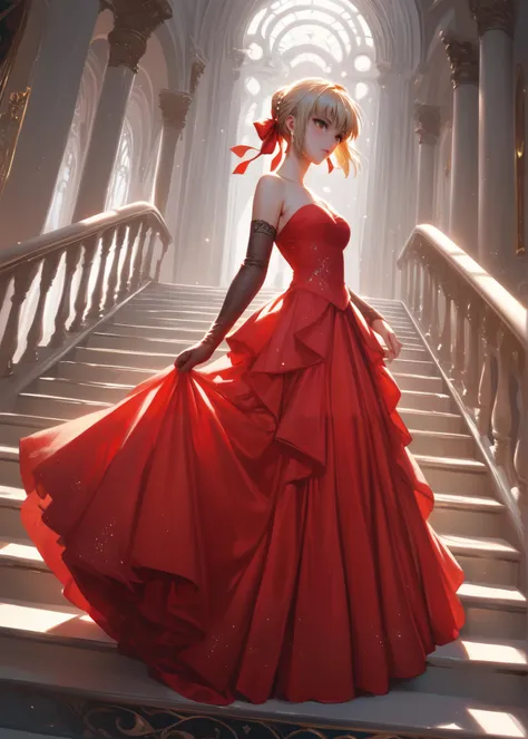 1girl,solo, red dress, bare shoulders, strapless, elbow gloves, alternate costume, long dress, saber_(fate),stairs,
