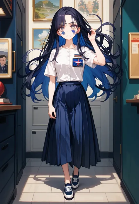 ( Highly Detailed CG:1.2), ( Masterpiece:1.2), ( top quality:1.2),,((  is ridiculous)), staring at viewers , full body, ,( 1 girl),Alone,( long hair),(Masayom  uniform),( white shirt short sleeve ),(navy_ blue pleated skirt),( long skirt ), dynamic angle, ...