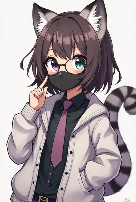 she's a girl, manga style with adorable face with one green eye and the other purple, tan skin, dark brown hair and ties. She wears a black mask with glasses. she wears a practical but at the same time elegant outfit with sneakers and hand bandages and we ...