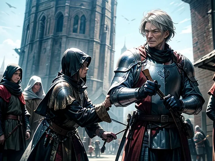  the crusader tries on armor The squire helps him, the master blacksmith is standing next door ,  a warrior with blue eyes and gray hair ,   NPC for a medieval RPG in combat suits  ,   medieval combat training suits in medieval art RPG,   approximate detai...