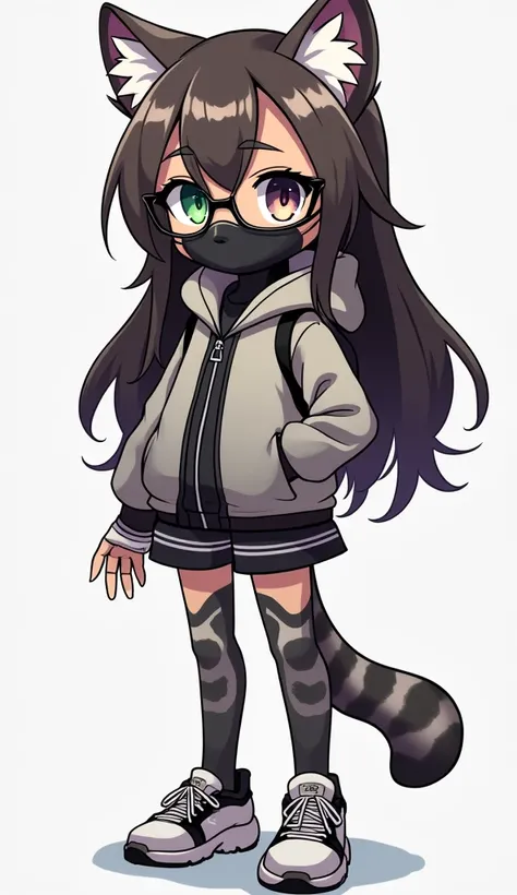 she's a girl, manga style with adorable face with one green eye and the other purple, tan skin, dark brown long hair. She wears a black mask with glasses. she wears a sport but at the same time elegant outfit with sneakers and hand bandages and we can see ...