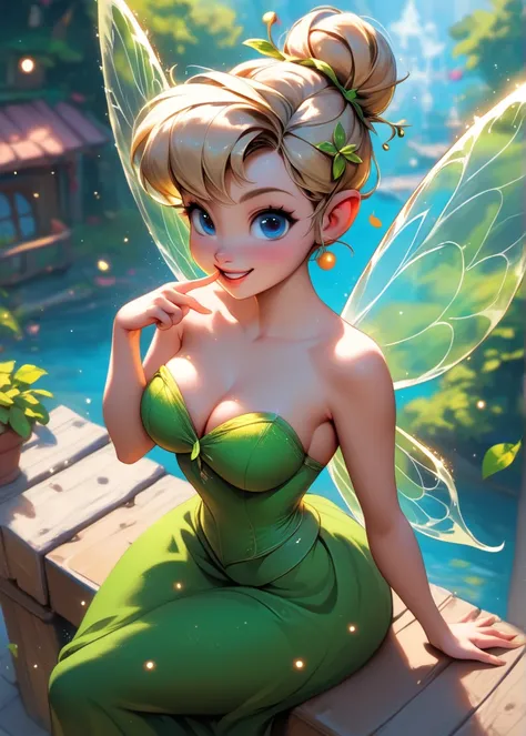 DisneyStudioXL, cinematic, girl, fairy wings, blonde hair, blue eyes, green dress, sexy, hair bun, curvy, medium breasts, narrow waist, wide hips, thick thighs, looking at viewer, dynamic angle, cowboy shot, cute, cartoon, dynamic pose, from above, sfw, vi...