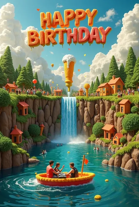 A picture where Happy Birthday is written in the sky with clouds , 
 Including a landscape of sweets with a waterfall that is a huge tap at the top and in which beer flows. The lake and waterfall are also made of beer.
 Down in the lake made of beer sails ...