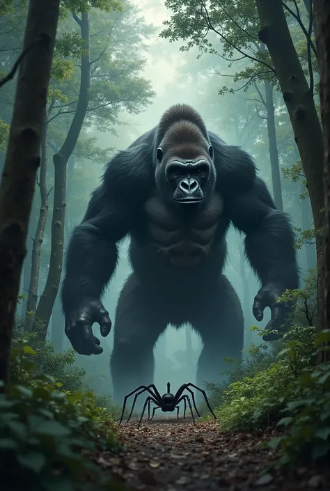 " deep in the dark forest Where tall trees cover the sky, he meets The huge spider with long and scary legs with a huge, powerful and super-fast gorilla. . The spider weaves its threads brilliantly while the gorilla prepares to attack. . . The scene is ful...