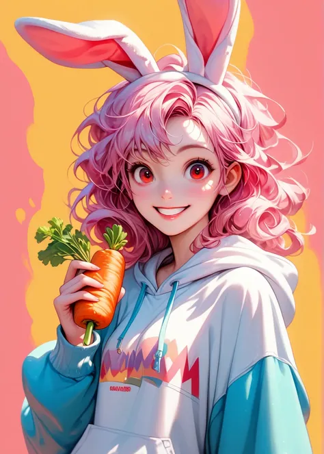 DisneyStudioXL, cinematic, cute girl, rabbit ears, pink hair, wavy hair, red eyes, surprised, hoodie, v, holding a carrot, looking at viewer, cowboy shot, smile, cute, solo, multicolored background, 