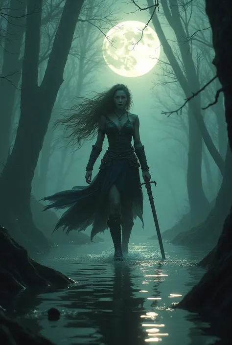 In a sober swamp, the warrior's soul, Mithras, with flaming eyes, her dragging sword and flowing hair, wander aimlessly on a full moon night where small beings stalk her.