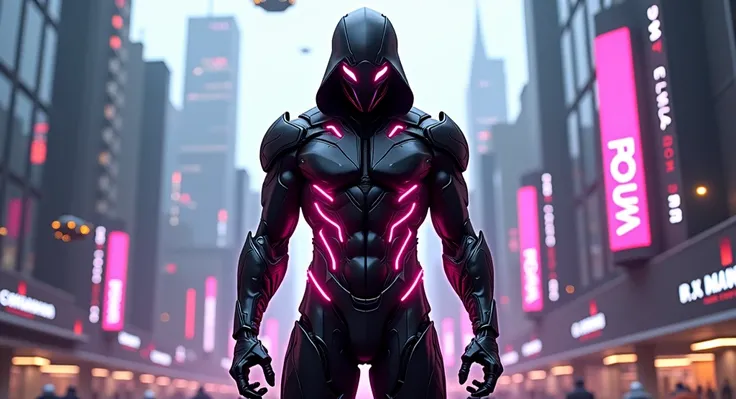 Cyberpunk superhero ,  black raven suit with neon accents,  futuristic city backdrop "