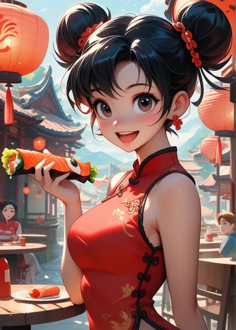 DisneyStudioXL, cinematic, 1girl eating sushi, open mouth, food, restaurant, paper lantern, looking at food, black hair, hair buns, medium breast, black eyes, smile, red china dress, cute, cartoon, valley, wooden builds, cowboy shot, dynamic angle, from si...