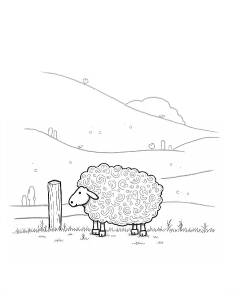 A black and white line drawing of a sheep with fluffy wool swirls and distinct hoof marks. The background features rolling hills and a fence post.