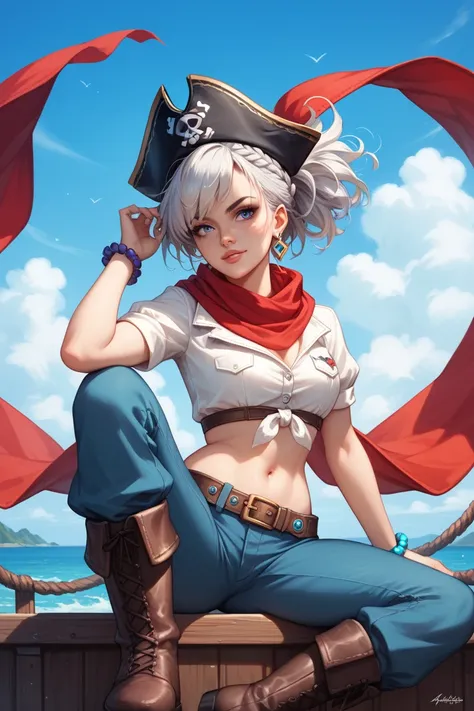 " Illustration of a girl with pirate style /adventurous, but with a neutral expression .  She has long messy blond hair and has a fringe that covers the black band on her head that partially covers one of her eyes.  his eyes are gray ,  She wears a white s...