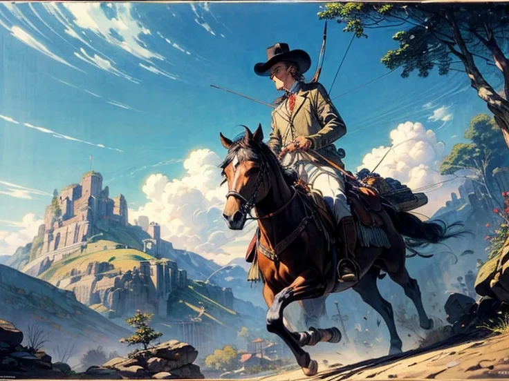  painting of a man on horseback with a bow and arrow,  inspired by Henry Clay , Heinrich Clay, NC Wyeth, painting by Arthur Rackham .  masterpiece,  Arthur Rackham and Milo Manara ,  Arthur Rackham ,  western animation ,  Arthur Rackham art ,  Frank Frazet...