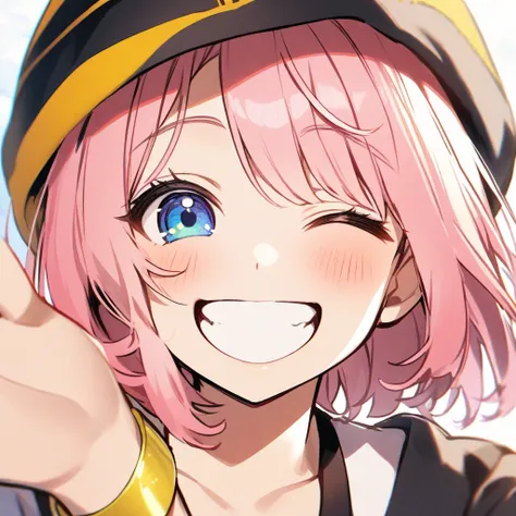  a girl, s,  ,  short hair ,  Bangs ,  pink hair, yellow highlights , right eye black , left eye blue,  smile, heterochromia, happy, yellow bracelet 