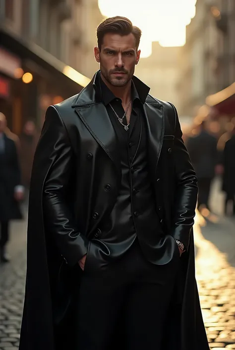 Detailed photo, hyper realistic, Dramatically poised on the cobblestoned Market Square of Belgium, an extraordinarily handsome European man, having aspects of Mediterranean charm, stages an imposing figure in a full-length black suit, accentuated by a stat...