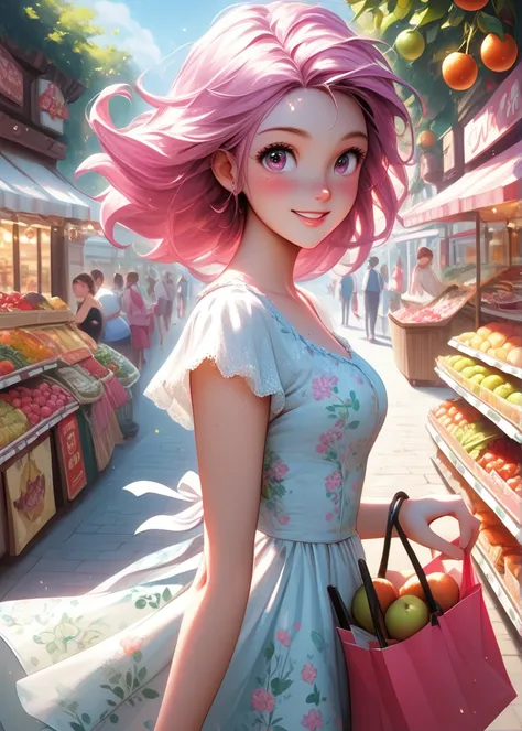 DisneyStudioXL, cinematic, cartoon, 1girl, freckles, holding shopping bag, pink hair, sundress, floral print, looking at viewer, dynamic angle, cowboy shot, cute, epic pose, smile, blush, wide shot, cute eyes, magic vibes, bangs, floating hair, outdoors, d...