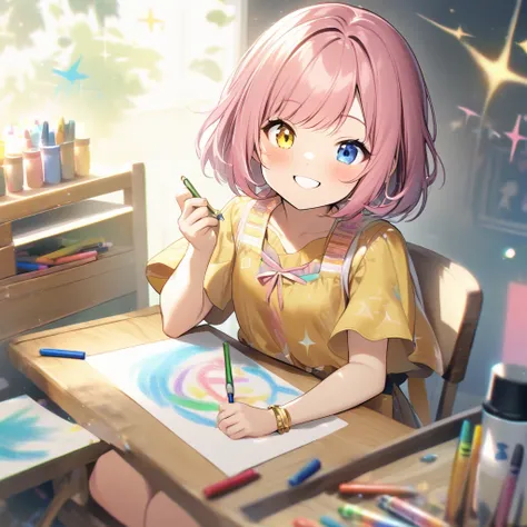  a girl, s,  ,  short hair ,  Bangs ,  pink hair, yellow highlights , right eye black , left eye blue,  smile, heterochromia, happy, yellow bracelet ,  sitting,  drawing with crayons , Shine. 