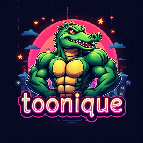 Cartoon gaming theme logo,buff crocodile,text "toonique"
