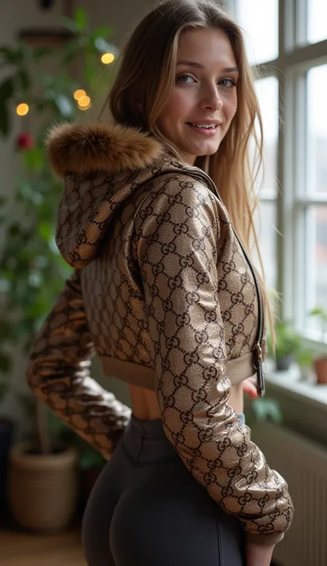 Backside diagonally photo from side behind of a sweaty hot wet cute beautiful darkblonde dutch spanish italia young posing age femboy wearing shiny bright glittery brown mocca beige gucciprint pvc cropped short puffer jacket. Huge big brown furry fur hood,...