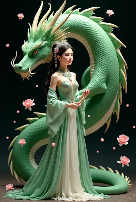 rompts
Copy
A serene scene where a woman, adorned in a traditional green and white dress, stands gracefully beside a majestic green dragon. The woman wears an ornate headpiece and holds a delicate object in her hand. The dragon, with its intricate scales a...