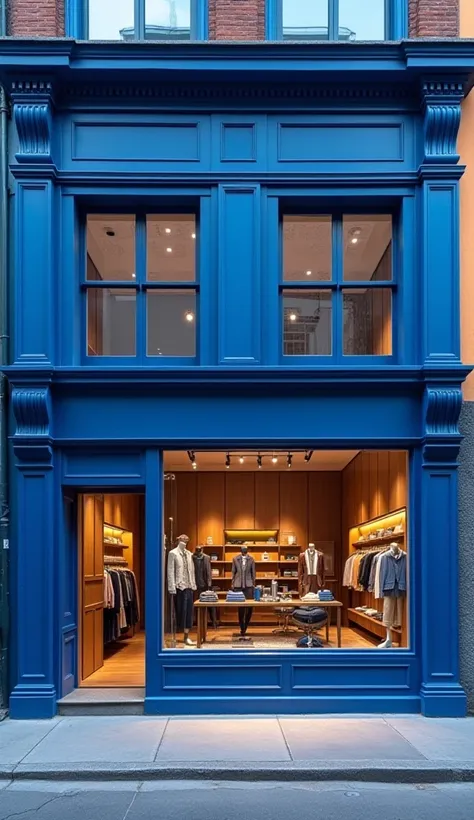 A blue store with quality clothes.  realistic image 