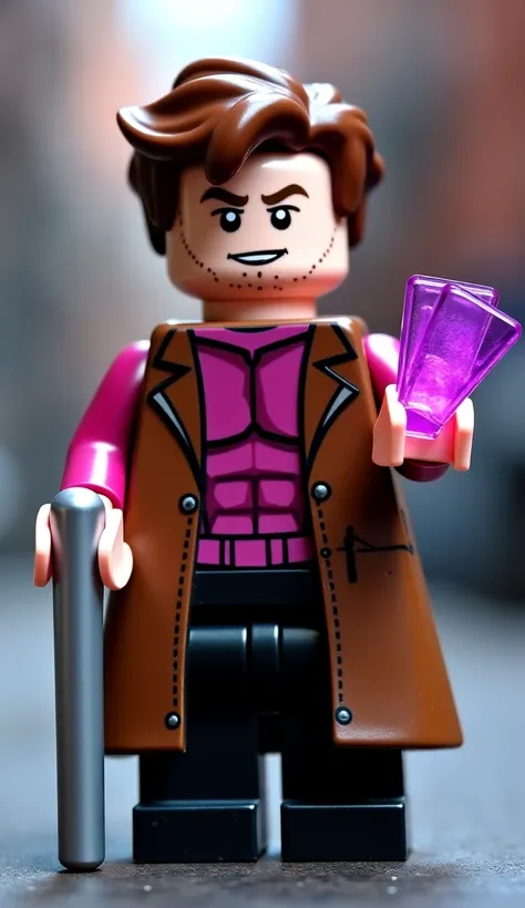 Create a LEGO Gambit minifigure, two x-men:

 Head and Expression : man, no beard,  fair skin ,  intense eyes with red pupils , disheveled brown hair and a confident expression . Black band on the forehead.

It lasts:  A long brown overcoat with stitching ...