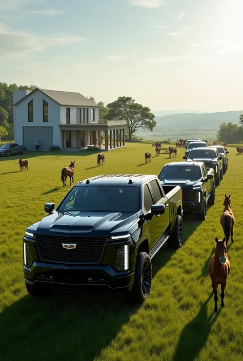 A caravan of black Cadillac trucks on a farm next to horses and large modern houses 