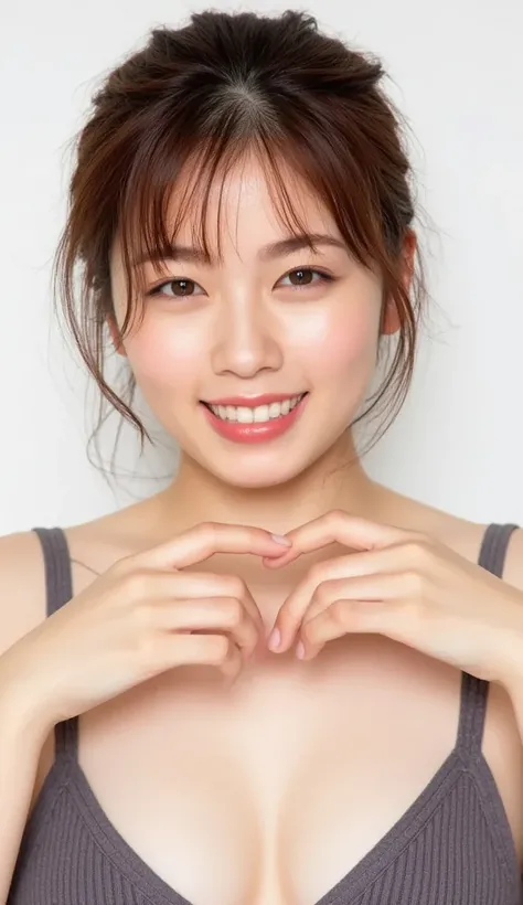  Super Fine、An upshot of her face、She has a smile showing her teeth, wears a camisole, and poses with her hands in the shape of a heart in front of her chest、The background is plain、  HD、細部にわたって HD