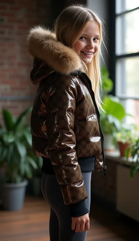 Backside diagonally photo from side behind of a sweaty hot wet cute beautiful darkblonde dutch spanish italia young posing age femboy wearing shiny bright glittery brown mocca black gucciprint pvc cropped short puffer jacket. Huge big brown furry fur hood,...