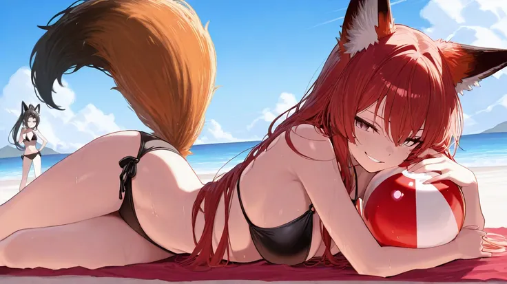 a woman with red long hair and gray eyes, wearing a black bikini, smirking, with red fox ears and red fox tail, playing with a red beach-ball, at the beach, high detail, high quality, best quality, 8k, masterpiece