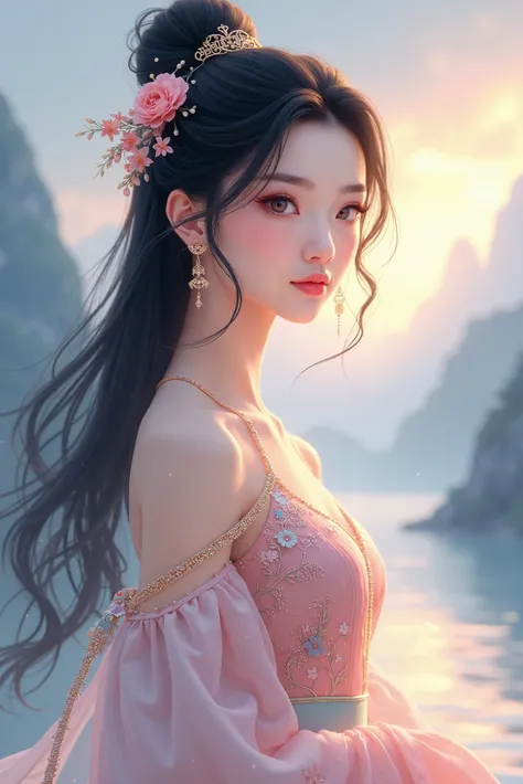 Create an image of a beautiful, delicate woman with ethereal, glowing features, wearing a flowing traditional Chinese dress. Her outfit should have soft pastel hues, with intricate floral embroidery and delicate beadwork, capturing a regal yet serene vibe....