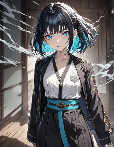 Kimetsu no Yaiba style, 1 girl, solo, angry expression, turquoise eyes, black and blue hair, short hair, short bangs, uniform, night sky, dark wooden background, fog around, (best quality), (super detailed), (illustration), standing, model, looks at viewer...