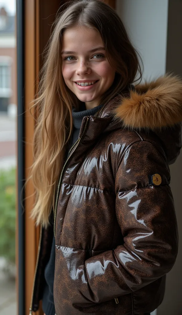 Frontal diagonally photo from side of a sweaty hot wet cute beautiful darkblonde dutch spanish italia young posing age femboy wearing shiny bright glittery brown mocca black gucciprint pvc cropped short puffer jacket. Huge big brown furry fur hood, Big guc...