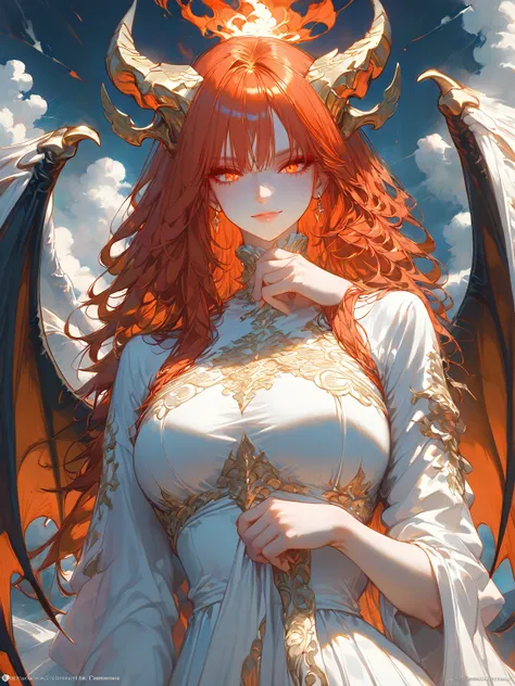 Illustrioussciamano, Masterpiece, Very detailed, ultra detailed, one, (1 woman), She is in a white Greek dress with orange details and in an elegant pose, long hair, blood-red hair and a parting on the sides, red demonic horns, red dragon wings, beautiful,...