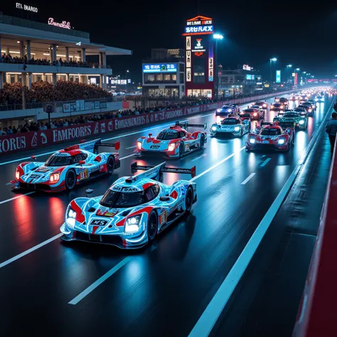  score_9,  score_8_ up the side,  score_7_ up the side,  score_6_ up the side,  score_5_ up the side,  score_4_ up the side,  source_Actual photo,  create a dramatic depiction of the 24 Hours of Le Mans race taking place on the nighttime circuit, GT race m...