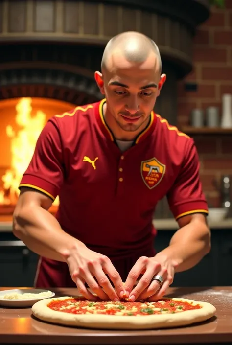 Draw a pizzaiolo without hair , Put on the Roma jersey and roll out a pizza with hand