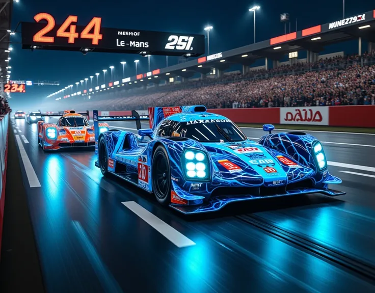  score_9,  score_8_ up the side,  score_7_ up the side,  score_6_ up the side,  score_5_ up the side,  score_4_ up the side,  source_Actual photo,  create a dramatic depiction of the 24 Hours of Le Mans race taking place on the nighttime circuit, GT race m...