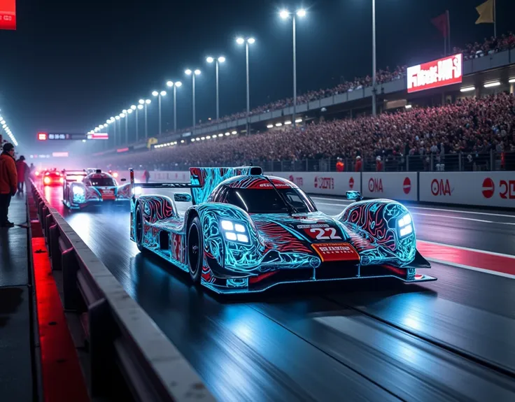  score_9,  score_8_ up the side,  score_7_ up the side,  score_6_ up the side,  score_5_ up the side,  score_4_ up the side,  source_Actual photo,  create a dramatic depiction of the 24 Hours of Le Mans race taking place on the nighttime circuit, GT race m...