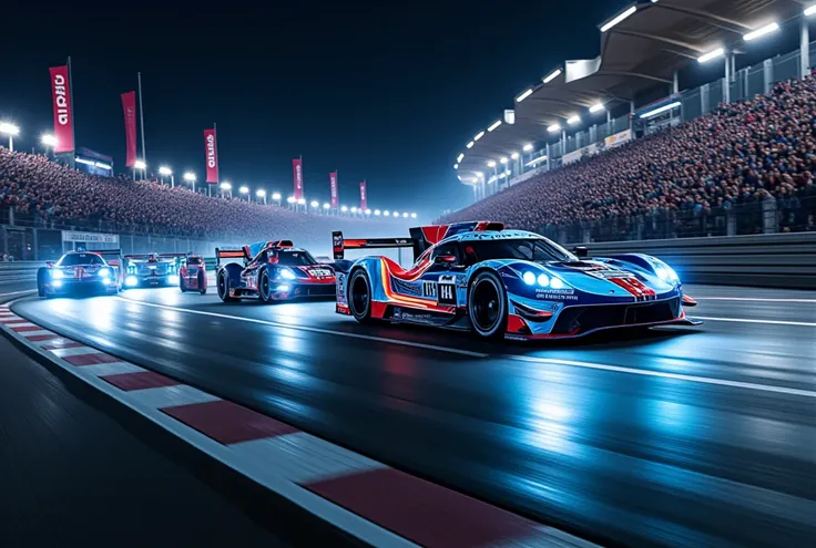  score_9,  score_8_ up the side,  score_7_ up the side,  score_6_ up the side,  score_5_ up the side,  score_4_ up the side,  source_Actual photo,  create a dramatic depiction of the 24 Hours of Le Mans race taking place on the nighttime circuit, GT race m...