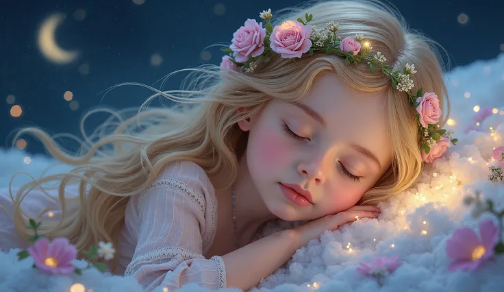 A close-up, fairytale-style illustration of a beautiful young girl with long, flowing blonde hair, peacefully sleeping with her eyes closed. She wears a delicate floral wreath on her head, adding a touch of natural elegance. She is surrounded by soft, drea...