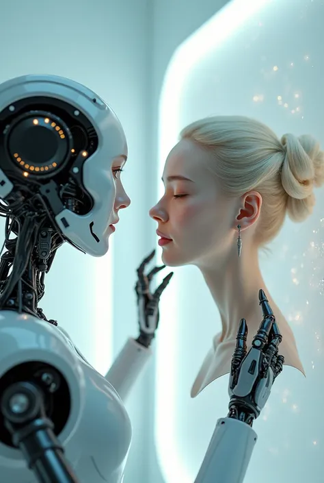 Create an image where a robot is drawing the face of a human woman, The background must be futuristic and full of harmony