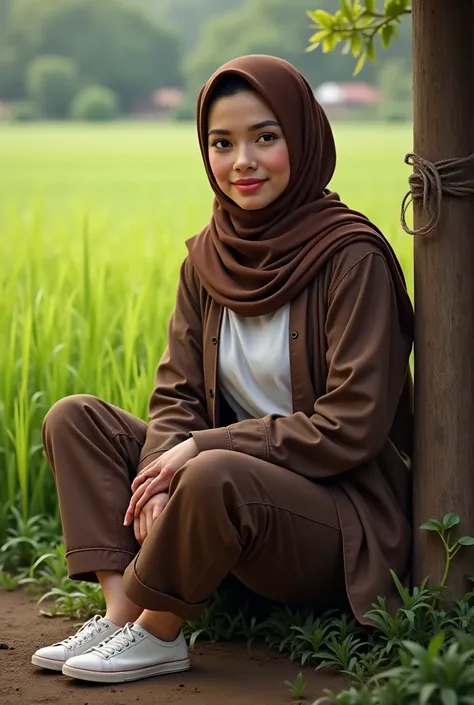 Realistically, a Muslim woman sits wearing a brown hijab, inside a white t-shirt and outside wearing a brown jacket, brown cargo pants, wearing white shoes. background of a hut in a rice field