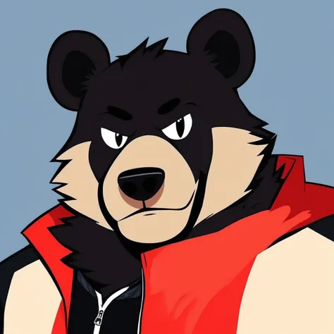 furry, black bear, school gym jacket, flat color, simple art style, Cartoon Artstyle,  black fur , cream coat 