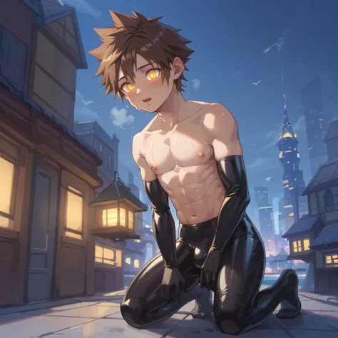 kingdom hearts、((Heaven))、yellow glowing eyes、sweat、（ A young boy is held and has a big erection、give a blowjob、 Kneeling with open crotch 、Shota、first round ）、Naked、 brown hair、 cute、 spiky hair 、Cry、Looks disgusting 、（（ A tight-fitting rubber suit 、）） ni...