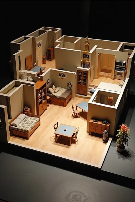 The decoration of the play is in the form of an apartment on the right of the stage, bedrooms, the north of the stage is a dining room, and in the middle there is a kitchen and a sofa in the front  