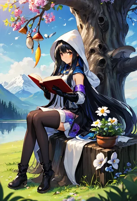 masterpiece, best quality,, 1girl, sitting,  bird, black_hair, book, bookmark, branch, gloves, grass, green hair, holding, holding book, hood, hood down, leaf, looking at viewer, multicolored hair, open_book, partially fingerless gloves, pen, plant, pouch,...