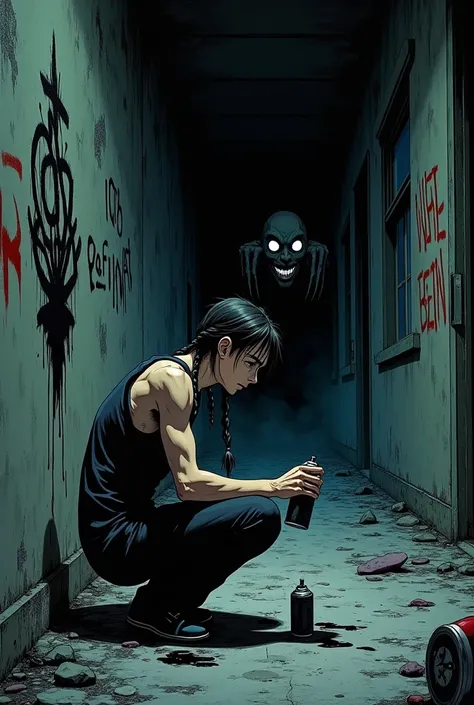  A dark scene inside an abandoned and decaying building . The environment is full of peeling walls, old graffiti and broken windows, through which a weak moonlight enters.  the protagonist ,  a 17-year-old with braided hair ,  wears black pants and a jumps...