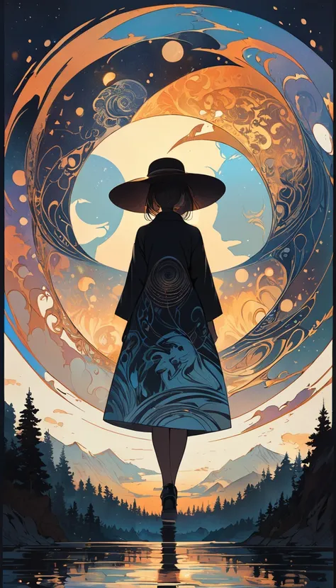  Masterpiece, top quality, Woman with a Mysterious Silhouette Wears a Hat  ,,Aaron Horkey,Jordan Grimmer, Greg Rutkowski ,Amazing depth,Double Exposure, surreal, geometric patterns ,Exquisite details,Bokeh,  perfect balance  ,  deep fine border  , artistic...