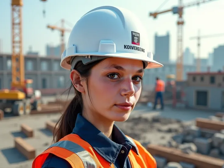 regenerate the photo as the girl wearing a civil engineering white hard hat