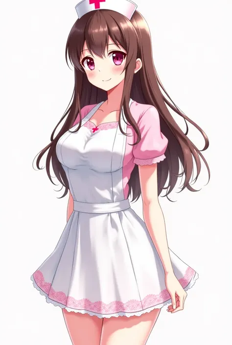  masterpiece,  better quality,  18-year-old girl ,  white skin , long brown hair,  light pink eyes , white and light pink nurse costume,  anime style 