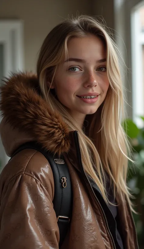 Frontal diagonally photo from side of a sweaty hot wet cute beautiful darkblonde dutch spanish italia young posing age femboy wearing shiny bright glittery brown mocha beige gucciprint pvc cropped short puffer jacket. Huge big brown furry fur hood, Big guc...