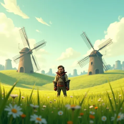 large field of green grass with windmills and Don Quixote. 3D animated